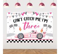 Wonmelody Decorazioni per feste di 3° compleanno con auto da corsa 1,5 x 0,9 m Can't Catch Me I'm Three Birthday Sfondo Banner Fast 3 Decorazione a tema auto da corsa rosa Forniture per feste per