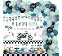 Wonmelody Dirt Bike Baby Shower Decor Blu Moto Baby Shower A Baby Boy is Almost Here Sfondo Banner Motocross Moto Race Balloon Garland Arch Kit per Moto Dirt Bike Neonato Party