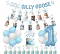 Wonmelody Goose First Birthday Decorazioni per ragazzo One Silly Goose Banner Ghirlande Oca Cupcake Topper Blu Mensile Foto Banner Fattoria Animale Forniture per il primo compleanno per Divertente Oca