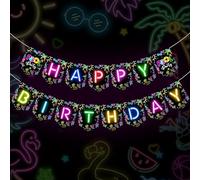 Wonmelody Happy Birthday Pool Party Banner Glow In The Dark Pool Party Decor Neon Pool Party Banner per festa di compleanno per il 1 °, 2 ° 3 ° compleanno, festa in piscina hawaiana, albero di cocco,