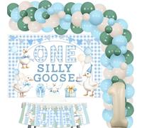 Wonmelody One Silly Goose Compleanno Decor Boy One Silly Goose Compleanno Sfondo Banner Oche Seggiolone Banner Verde Blu Palloncino Arco Blu Gingham 1 ° Bday Forniture per Festa per Ragazzo