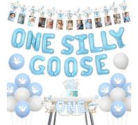 Wonmelody One Silly Goose Decorazione di compleanno Boy One Silly Goose Palloncino Banner Foto Banner Blu Gingham 1 ° Compleanno Seggiolone Banner Cake Topper Divertente Oche Appeso Forniture per