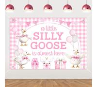 Wonmelody Silly Goose Baby Shower Decor Girl 1,5 x 0,9 m Silly Little Goose Baby Shower Sfondo Banner Oche Rosa Gingham Baby Shower Sfondo Fattoria Forniture Animali per Oca Anatra Sesso Rivela Baby