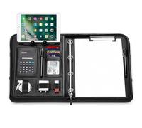 WONSEFOO Cartella portadocumenti A4, con calcolatrice, raccoglitore ad anelli in pelle, grandi scomparti, manici magnetici pieghevoli, supporto per tablet e smartphone, 5 scomparti per carte