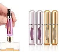 WOO LANDO Set di 4 nebulizzatori per profumo, 5 ml, ricaricabili, lucidi, mini nebulizzatori per borsa, viaggi, aereo, da donna, contenitore da viaggio in alluminio con finestra (n. 1)