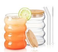 Woobroo Set di 2 bicchieri da cocktail da 350 ml, in vetro ondulato, per acqua, bere succo con cannucce di vetro, spazzole
