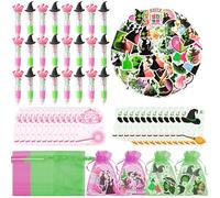 Wood Homing Princess Witch Stationery Gift - Confezione da 24 bomboniere verdi e rosa 4 in 1 penne a sfera a forma di scopa, note adesive e organza, riempitivi per sacchetti di streghe per premi