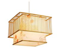 Wood Vintage Pendant Lantern in Chinese Style Living Room Decorative Lighting Hanging Light 40cm Square Industrial Chandelier with Patterned Shade
