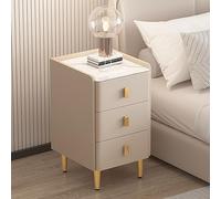 Wooden Bedside Table with Ultra Narrow Design and Artificial Leather Wrapped Rock Slab Desktop Small Cabinet for Bedroom Storage Khaki Color 35x40x60cm