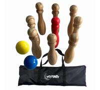 Wooden Bowling Set, FSC Wood Skittles Game with 9 Pins, 2 Balls and Carry Bag, I