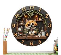 Wooden Cat Wall Clock for Home Decor - Silent Vintage Round Animal Clock, 30 cm Cute Cat Theme Wall Decoration for Living Room Bedroom and Farmhouse | Decorative Timepiece for Bar Cafe Office Kitchen