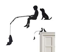 Wooden Door Topper, Over Door Wall Decor, Black Fishing Boy & Dog Silhouettes Art, Rustic Entryway Accent for Home, Apartment, Study, Bedroom, Living Room, Commercial Spaces