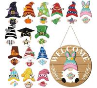 Wooden GNOME | Seasonal Gnomee Decorations with Magnet Pieces | Interchangeable Holiday Welcome Sign for Home Front Door, Porch, Yard and Party Christmas Halloween