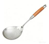 Wooden Handle Stainless Steel Skimmer Spoon, Slotted Strainer for Frying, Deep Fry Scoop with Fine Mesh Design for Pasta, Noodles, Dumplings and Cooking Use (Large,Silver)