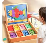Wooden Magnetic Pattern Blocks Set with Activity Cards, 225 PCS Montessori Tangram Puzzle Educational STEM Toy for Kids Ages 4-8, Magnetic Shapes Learning Board for Boys and Girls