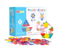Wooden Pattern Blocks, Tangram Toys, Geometric Shape Puzzles, Puzzle Blocks, Preschool Educational Toys for Preschool Classroom Homeschool Travel, 60 pieces