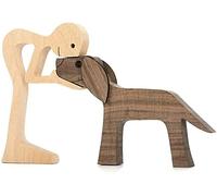Wooden Sculptures Handmade Accents Craft Figurine,Family Puppy Wooden Carving Ornaments,Lovely Solid Wood Pet Dog Family Crafts Sculpture,Pet Lover Gifts Wood Sculpture. (Man and Dog)