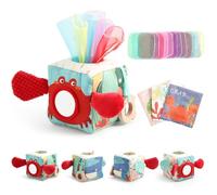WOODEN TEETHER Baby Tissue Box Toy Mesi Montessori Sensorial Giocattolo, Promuove Le capacità sensoriali e motorie, con specchi, Colori, Trame, Suoni, Ragazzi e Ragazze (Animali marini)
