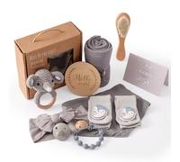 WOODEN TEETHER Set da 10 pezzi per la nascita per bambino e ragazza, regali personalizzati, asciugamani da bagno, catena ciuccio, sonaglio, biglietti miliari, bavaglini, calzini, spazzola, baby