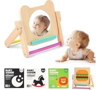 WOODEN TEETHER Specchio per Bambini - Specchio Montessori per Neonati con 120 Pagine di Carte Visivamente Stimolanti, Giocattolo in Legno per Pancia-Tempo, Giocattolo Montessori per Neonati 0 3 6 12