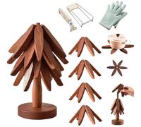 Wooden Tree Shaped Coaster Set, Hemmanord Wooden Pot Coaster, Christmas Tree Coasters, Wooden Coaster Trivet Set, Creative Foldable Wooden Christmas Tree Coasters (Walnut, 4PCS)