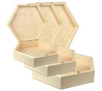 Wooden World - Scatola portaoggetti esagonale in legno con chiusura - 3 in 1 - Piccola, media e grande