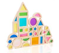 WOODENFUN Montessori, 32 blocchi di luce in acrilico arcobaleno, per bambini, in legno di gomma, trasparenti, arcobaleno, acrilico