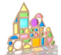 WOODENFUN Set di Blocchi da Costruzione in Legno per Bambini, 32 Pezzi Gioco di Impilamento Arcobaleno, Set di Giocattoli da Costruzione Educativi e Colorati per l'Asilo, Blocchi di Geometria in Legno