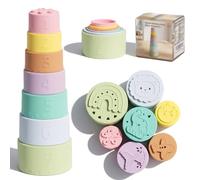 WOODENFUN Torre impilabile in silicone per bambini, 7 pezzi, tazza impilabile, giocattolo Montessori colorato da impilare, ordinare e fare il bagno, per bambini dai 6 mesi in su
