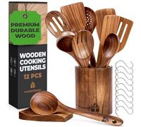 Woodenhouse - Set di 12 Pezzi di Utensili da Cucina in Legno di Teak con Supporto, Porta Cucchiaio e Ganci Nonstick