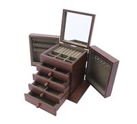 WooDerson Portagioie con 4 cassetti, in legno, design intagliato, fodera interna in tessuto di velluto, rettangolare, per orologi, collane, orecchini, 30 x 20 x 25 cm