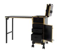 WooDerson Valigetta da viaggio per trucchi, grande trolley, professionale, espandibile, con ruote, specchio/cassetti, per truccatori professionali, Nero, oro, moderno