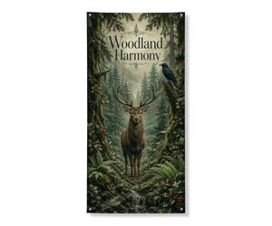 Woodland Harmony - Striscione decorativo per porta, scena rustica della foresta con cervi e corvo, decorazione ispirata alla natura, per interni ed esterni, per celebrazioni stagionali, 91 x 182 cm