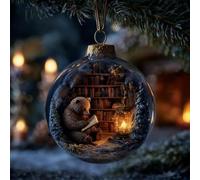 Woodland Readers Bookstore Animal Series - Decorazione da appendere a forma di scoiattolo, palla di Natale in vetro con scena in miniatura per biblioteca, decorazione letteraria stravagante per la