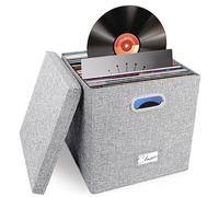 Woodoulogy Scatola grigia in lino per LP in vinile, impilabile con coperchio e maniglia - Capacità 50+ dischi, organizer per album e documenti
