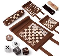 Woodronic Set 3 in 1 con backgammon a scacchi, da viaggio, arrotolabile, da viaggio, backgammon, per adulti, in pelle e microfibra, set da gioco con 32 pezzi in legno e 5 dadi