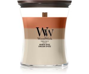 Woodwick Trilogy Hearth Spice candela profumata con stoppino in legno 275 g