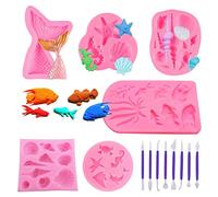 Woohome 12 Pz Fondant Silicone Mold, Stampi in Silicone 3D Forma Set, Stampo Silicone Sirena Stelle Marine Marina Conchiglia Coda di Sirena per Fare Torte