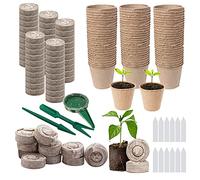 Woohome 202 Pz Vasi Biodegradabili da Giardino e Terreno per La sSmina di Pellet di Torba, Vaso per Semi in Fibra Biodegradabile per Piantine Etichetta Trapianto per Gli Antipasti di Piante Domestiche