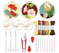 Woohome Kit per Ricamo con Ago da Punzonatura, Punch Needle Kit, Punch Needle Panno, Filato di Colore e Punch Needle Strumenti per Adulti, Principianti (Fiori Rossi, Rosa e Gialli)