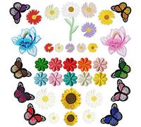 Woohome Toppe Termoadesive Fiori Misti, 37 Pz Rose Fiori Grande Farfalla Girasole Margherita Patch Termoadesiva Toppe da Cucire Applicazioni per Giubbotti, Vestiti, Maglietta,Jeans, Zaini