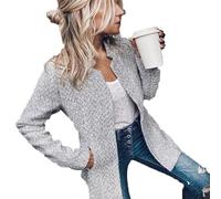 Woolen Street Style Plaid Slim Fit Jacket, 2025 New Women's WinterSolid Color Pocket Long Sleeve Open Front Coat (Gray,L)