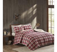 Woolrich - Set di biancheria da letto per tutte le stagioni, con copriletto in cotone e federe coordinate, motivo scozzese rosso/marrone chiaro, dimensioni 279,4 x 243,8 cm