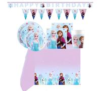 WOOPARTY Kit Compleanno Frozen per 24 Ospiti - Set Festa con 24 Piatti 19,5 cm, 24 Bicchieri 200 ml, 40 Tovaglioli, Festoni Happy Birthday & Bandierine, Tovaglia a Tema Frozen