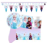 WOOPARTY Kit Compleanno Frozen per 24 Ospiti - Set Festa con 24 Piatti 19,5 cm, 24 Bicchieri 200 ml, 40 Tovaglioli, Festoni Happy Birthday & Bandierine, Tovaglia a Tema Frozen
