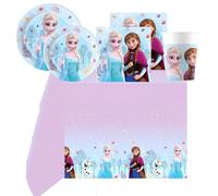 WOOPARTY Kit Compleanno Frozen per 8 Ospiti - Set Festa con 8 Piatti 19,5cm, 8 Piatti 23cm, 8 Bicchieri 200 ml, 20 Tovaglioli, Tovaglia a Tema Frozen