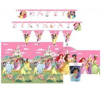 WOOPARTY Kit Compleanno Principesse Disney 24 Ospiti (1 tovaglia, 24 Piatti, 40 tovaglioli, 24 Bicchieri, 1 Festone, 2 festoni bandierine) in Carta