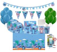 WOOPARTY Kit Compleanno Stitch per 24 Persone - Set Festa 119 Pezzi con Piatti, Bicchieri, Tovaglioli, Palloncini, Tovaglia, Festoni, Bolle di Sapone e Decorazioni - Addobbi Tema Stitch per Bambini