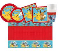 WOOPARTY Kit Festa di Compleanno a Tema Pokemon, da tavola (8 Piatti 23cm, 8 Piatti 20cm, 20 tovaglioli, 1 tovaglia, 8 Bicchieri)