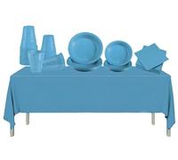 WOOPARTY Set Stoviglie Riutilizzabili in Plastica Dura Celeste - 140 Pezzi: 20 Piatti Dessert 17cm, 20 Piatti Piani 22cm, 50 Bicchieri, 50 Tovaglioli, 1 Tovaglia 137x274cm - per Feste e Picnic
